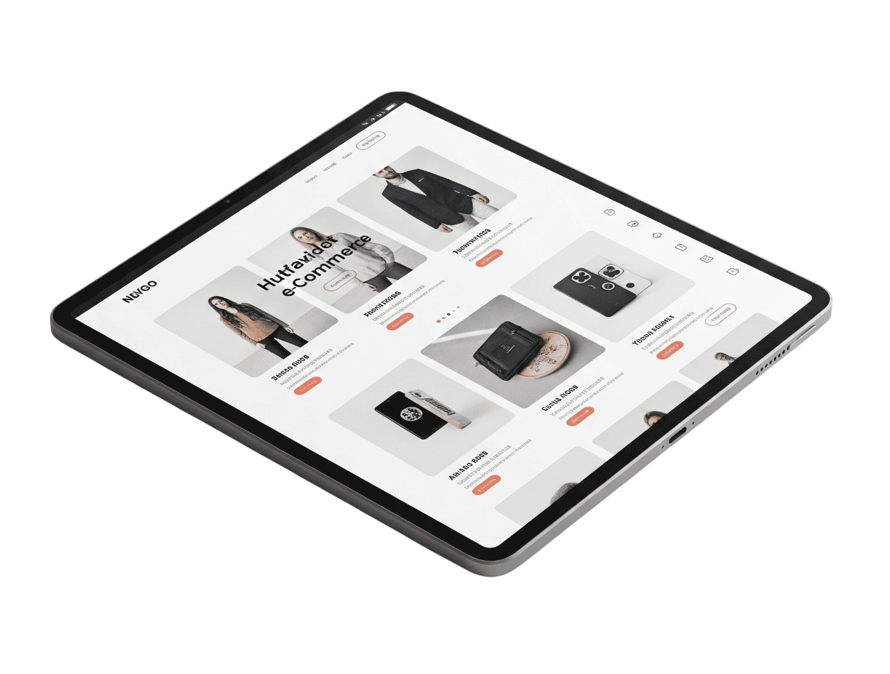 Realistic image of a modern tablet displaying a clean and well-designed e-commerce website.