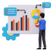 3D illustration of a person analyzing data charts and graphs, representing data analysis and business intelligence for a software company.