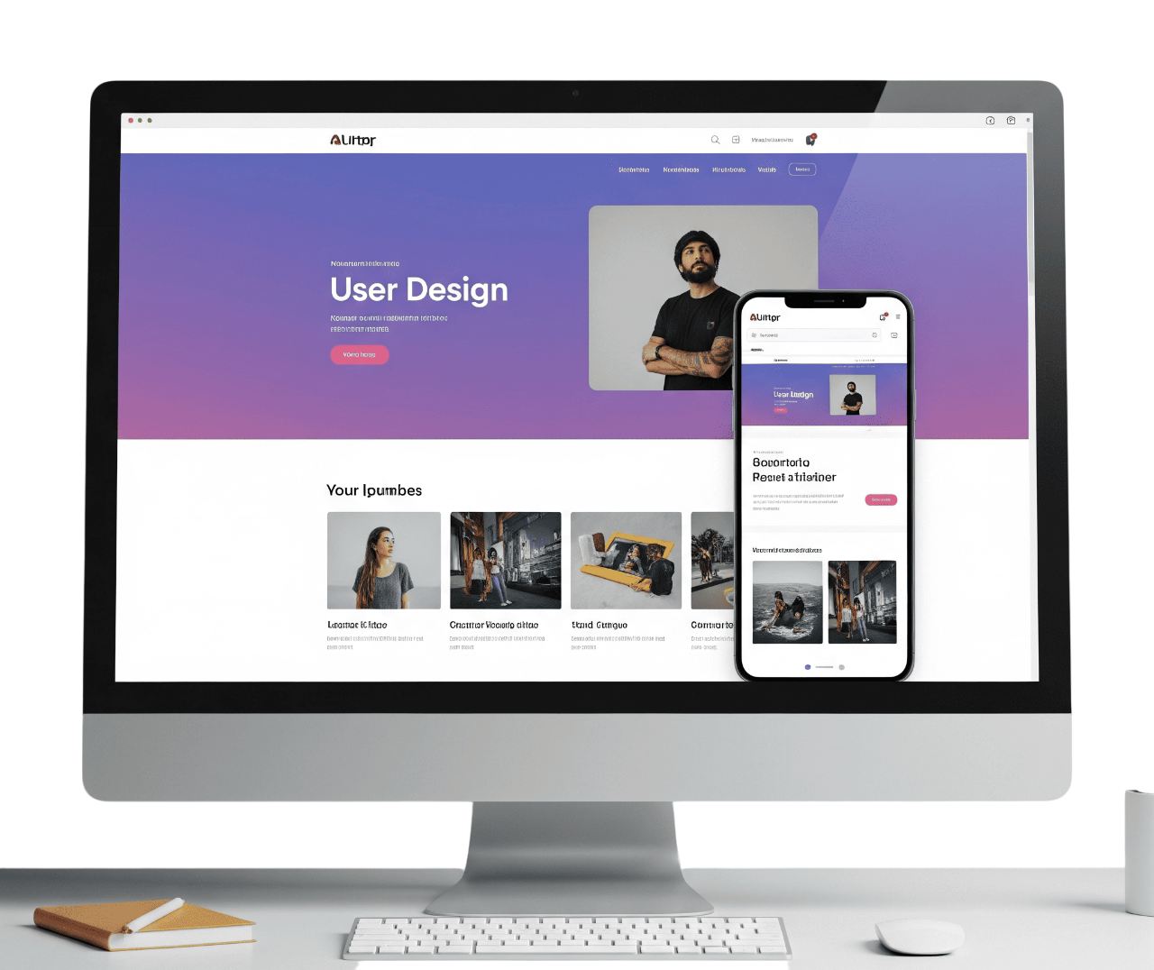 Realistic image of a modern computer monitor displaying a well-structured and visually appealing website design.