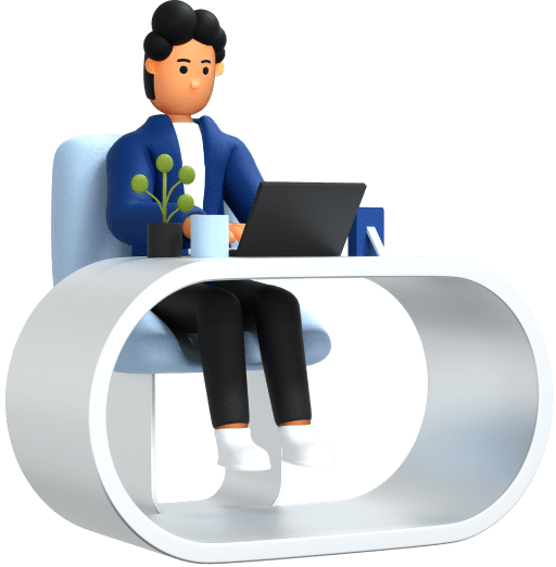 3D illustration of a professional individual working diligently on a laptop at a sleek, modern desk, with a small plant and coffee mug, representing focus and productivity